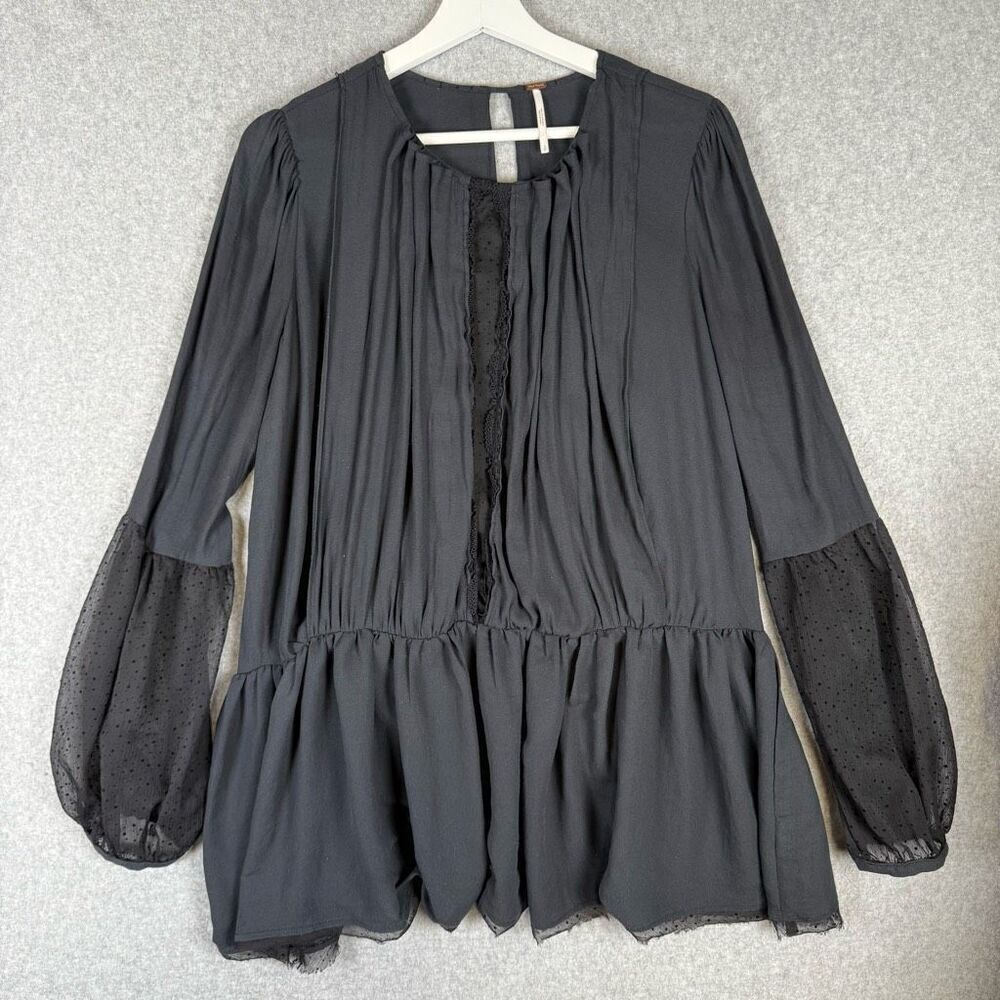 Free People Womens Small Soul Serene Top Blouse Black Long Sleeve Flowy Witchy